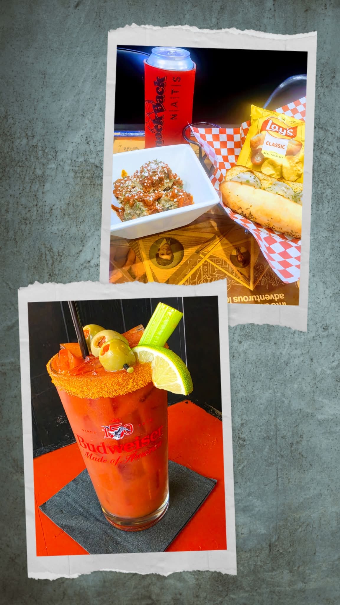 A Bloody Mary, hot dog, and Knockback Nat's drink on the bar