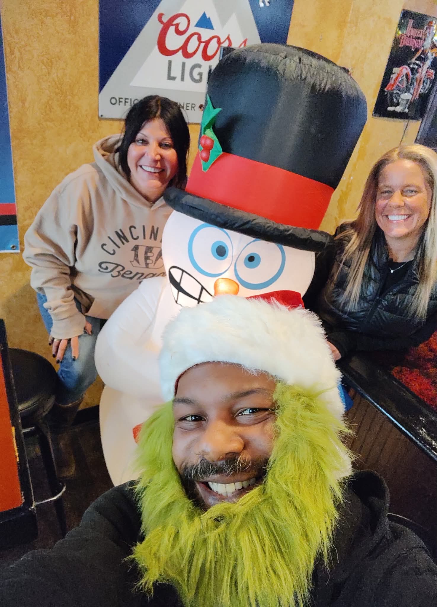 A festive selfie with the bar's inflatable snowman